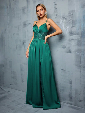 Mgiacy Thin straps Deep V-neck bust pleats cross sequins waist trim patchwork tint slit A full skirt Evening gown PROM dress